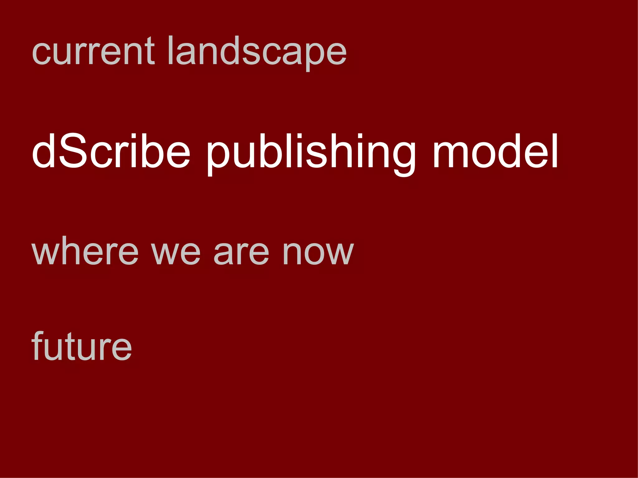 current landscape dScribe publishing model where we are now future 