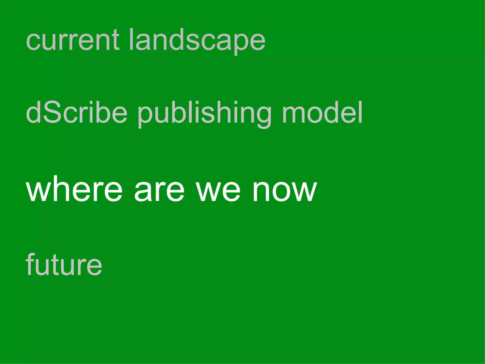 current landscape dScribe publishing model where are we now future 