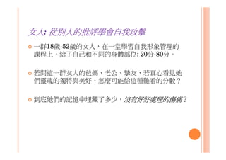 女人: 從別人的批評學會自我攻擊
一群18歲-52歲的女人，在一堂學習自我形象管理的
課程上，給了自己和不同的身體部位: 20分-80分。
若問這一群女人的爸媽、老公、摯友，若真心看見她
們靈魂的獨特與美好，怎麼可能給這種難看的分數？
到底她們的記憶中埋藏了多少，沒有好好處理的傷痛？
 