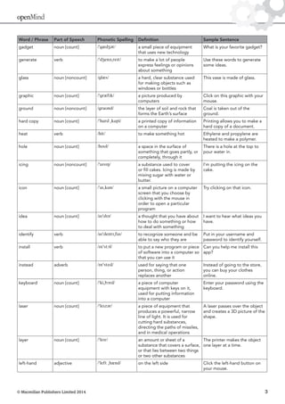 © Macmillan Publishers Limited 2014 3
openMind
Word / Phrase Part of Speech Phonetic Spelling Definition Sample Sentence
gadget noun [count] /ˈɡædʒət/ a small piece of equipment
that uses new technology
What is your favorite gadget?
generate verb /ˈdʒenəˌreɪt/ to make a lot of people
express feelings or opinions
about something
Use these words to generate
some ideas.
glass noun [noncount] /ɡlæs/ a hard, clear substance used
for making objects such as
windows or bottles
This vase is made of glass.
graphic noun [count] /ˈɡræfɪk/ a picture produced by
computers
Click on this graphic with your
mouse.
ground noun [noncount] /ɡraʊnd/ the layer of soil and rock that
forms the Earth’s surface
Coal is taken out of the
ground.
hard copy noun [count] /ˈhɑrd ˌkɑpi/ a printed copy of information
on a computer
Printing allows you to make a
hard copy of a document.
heat verb /hit/ to make something hot Ethylene and propylene are
heated to make a polymer.
hole noun [count] /hoʊl/ a space in the surface of
something that goes partly, or
completely, through it
There is a hole at the top to
pour water in.
icing noun [noncount] /ˈaɪsɪŋ/ a substance used to cover
or fill cakes. Icing is made by
mixing sugar with water or
butter.
I’m putting the icing on the
cake.
icon noun [count] /ˈaɪˌkɑn/ a small picture on a computer
screen that you choose by
clicking with the mouse in
order to open a particular
program
Try clicking on that icon.
idea noun [count] /aɪˈdɪə/ a thought that you have about
how to do something or how
to deal with something
I want to hear what ideas you
have.
identify verb /aɪˈdentɪˌfaɪ/ to recognize someone and be
able to say who they are
Put in your username and
password to identify yourself.
install verb /ɪnˈstɔl/ to put a new program or piece
of software into a computer so
that you can use it
Can you help me install this
app?
instead adverb /ɪnˈsted/ used for saying that one
person, thing, or action
replaces another
Instead of going to the store,
you can buy your clothes
online.
keyboard noun [count] /ˈkiˌbɔrd/ a piece of computer
equipment with keys on it,
used for putting information
into a computer
Enter your password using the
keyboard.
laser noun [count] /ˈleɪzər/ a piece of equipment that
produces a powerful, narrow
line of light. It is used for
cutting hard substances,
directing the paths of missiles,
and in medical operations
A laser passes over the object
and creates a 3D picture of the
shape.
layer noun [count] /ˈleɪr/ an amount or sheet of a
substance that covers a surface,
or that lies between two things
or two other substances
The printer makes the object
one layer at a time.
left-hand adjective /ˈleft ˌhænd/ on the left side Click the left-hand button on
your mouse.
 
