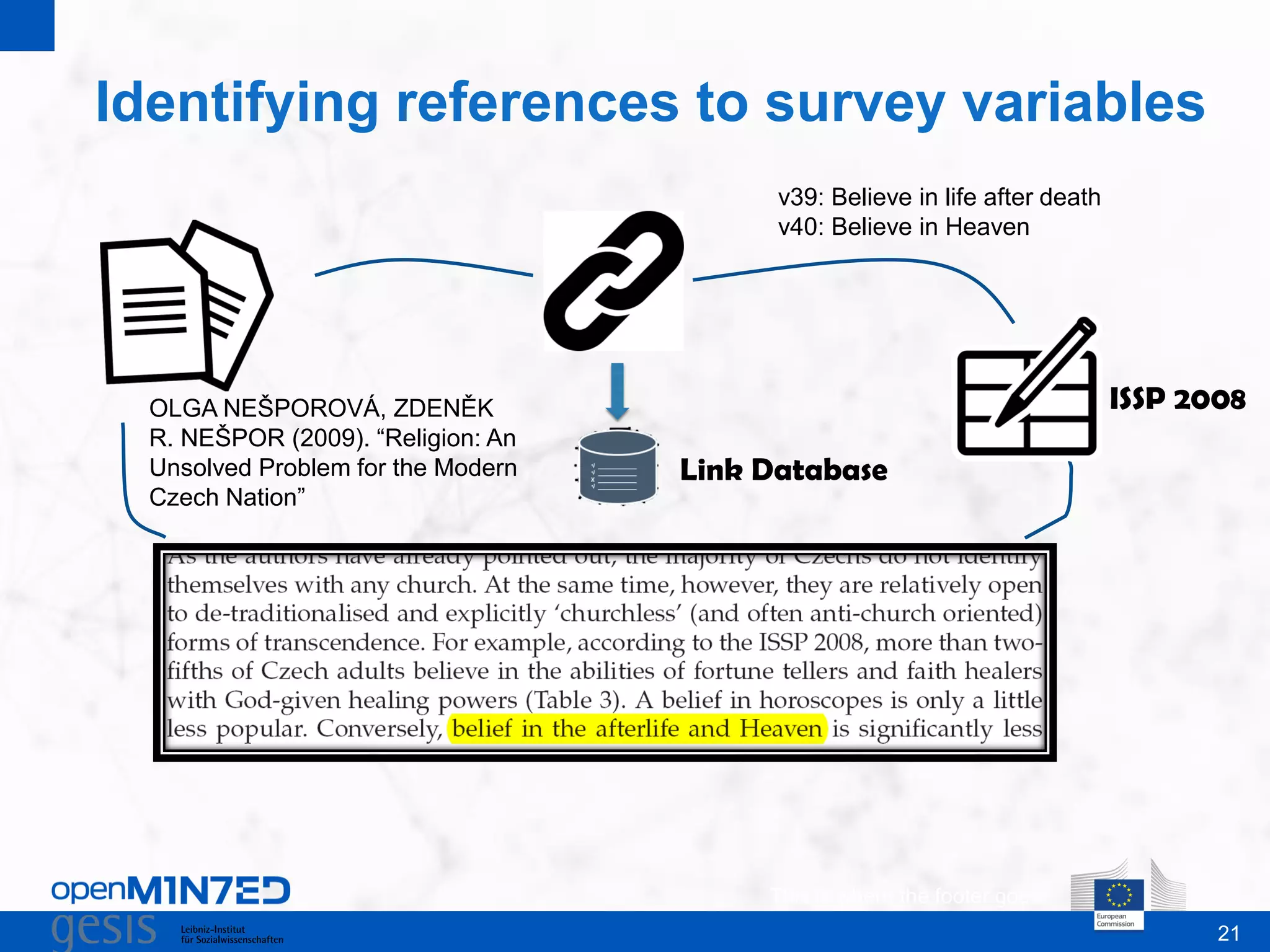 21
Identifying references to survey variables
This is where the footer goes
OLGA NEŠPOROVÁ, ZDENĚK
R. NEŠPOR (2009). “Religion: An
Unsolved Problem for the Modern
Czech Nation”
ISSP 2008
Link Database
v39: Believe in life after death
v40: Believe in Heaven
 