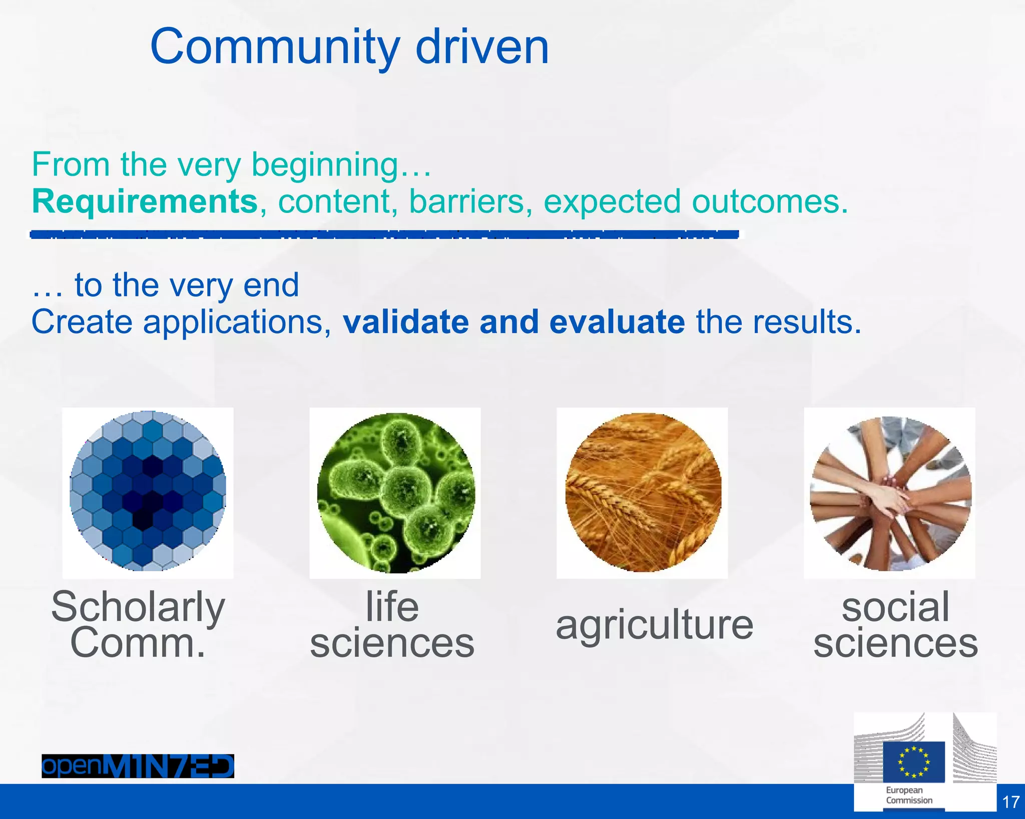 Scholarly
Comm.
life
sciences agriculture social
sciences
Community driven
17
From the very beginning…
Requirements, content, barriers, expected outcomes.
… to the very end
Create applications, validate and evaluate the results.
 