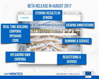 LIBER conference - PATRAS, 5 July 2017
Beta release in AUGUST 2017
REAL TIME Building
corpora:
OpenAIRE
CORE
Uploading OWN...