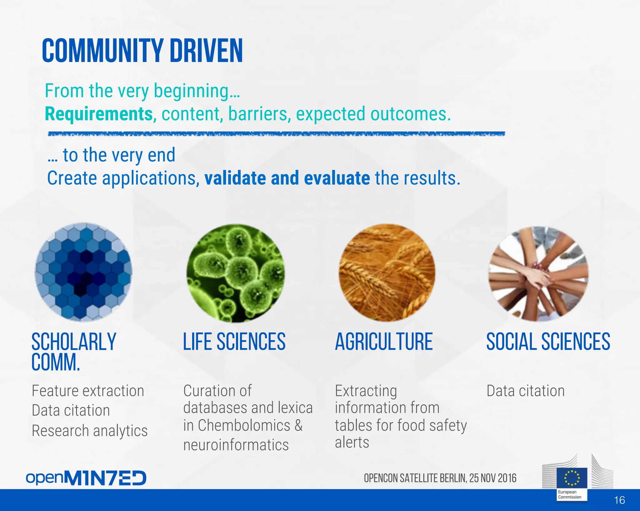 OpenCon SatelliteBerlin, 25Nov 2016
Scholarly
Comm.
Feature extraction
Data citation
Research analytics
Life Sciences
Curation of
databases and lexica
in Chembolomics &
neuroinformatics
Agriculture
Extracting
information from
tables for food safety
alerts
Social Sciences
Data citation
Community Driven
16
From the very beginning…
Requirements, content, barriers, expected outcomes.
… to the very end
Create applications, validate and evaluate the results.
 