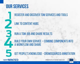 Register and Discover TDM Services and tools
Link to Content hubs
Run a TDM job and share results
Get people’s knowledge - Crowdsourced Annotation
Our Services
14
OpenCon SatelliteBerlin, 25Nov 2016
Build your own service – Combine components into
a Workflow and SHARE
 