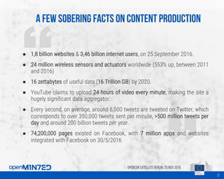 A few sobering facts on content production
OpenCon SatelliteBerlin, 25Nov 2016
● 1,8 billion websites & 3,46 billion internet users, on 25 September 2016.
● 24 million wireless sensors and actuators worldwide (553% up, between 2011
and 2016)
● 16 zettabytes of useful data (16 Trillion GB) by 2020
● YouTube claims to upload 24 hours of video every minute, making the site a
hugely significant data aggregator.
● Every second, on average, around 6,000 tweets are tweeted on Twitter, which
corresponds to over 350,000 tweets sent per minute, >500 million tweets per
day and around 200 billion tweets per year.
● 74,200,000 pages existed on Facebook, with 7 million apps and websites
integrated with Facebook on 30/5/2016
2
 