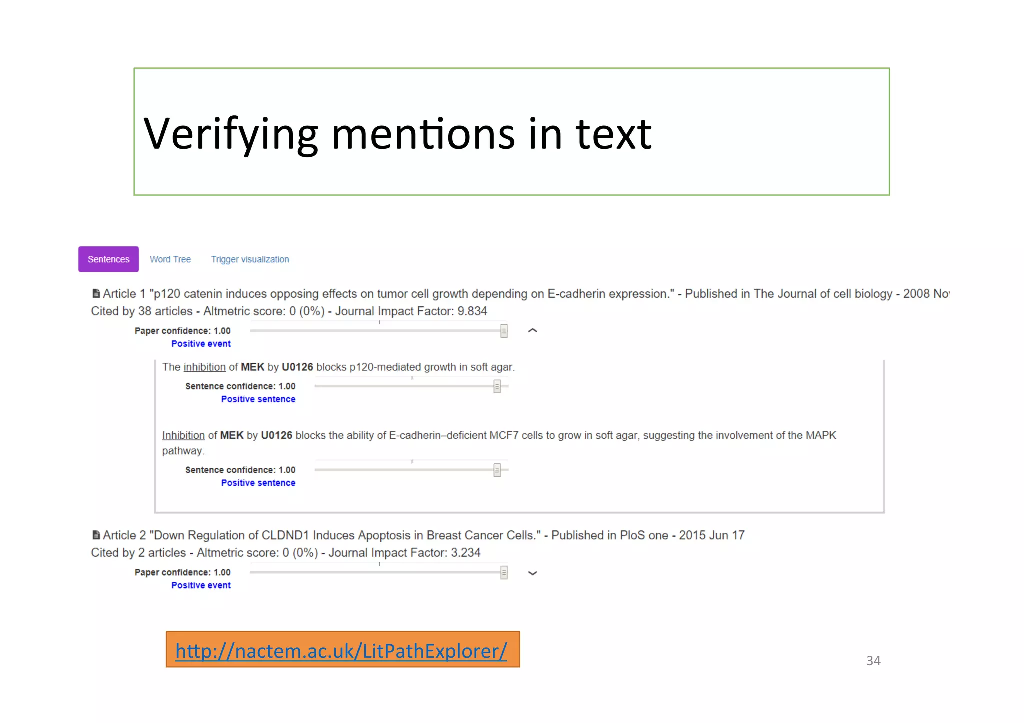 Verifying	men-ons	in	text	
34	
hZp://nactem.ac.uk/LitPathExplorer/		
 
