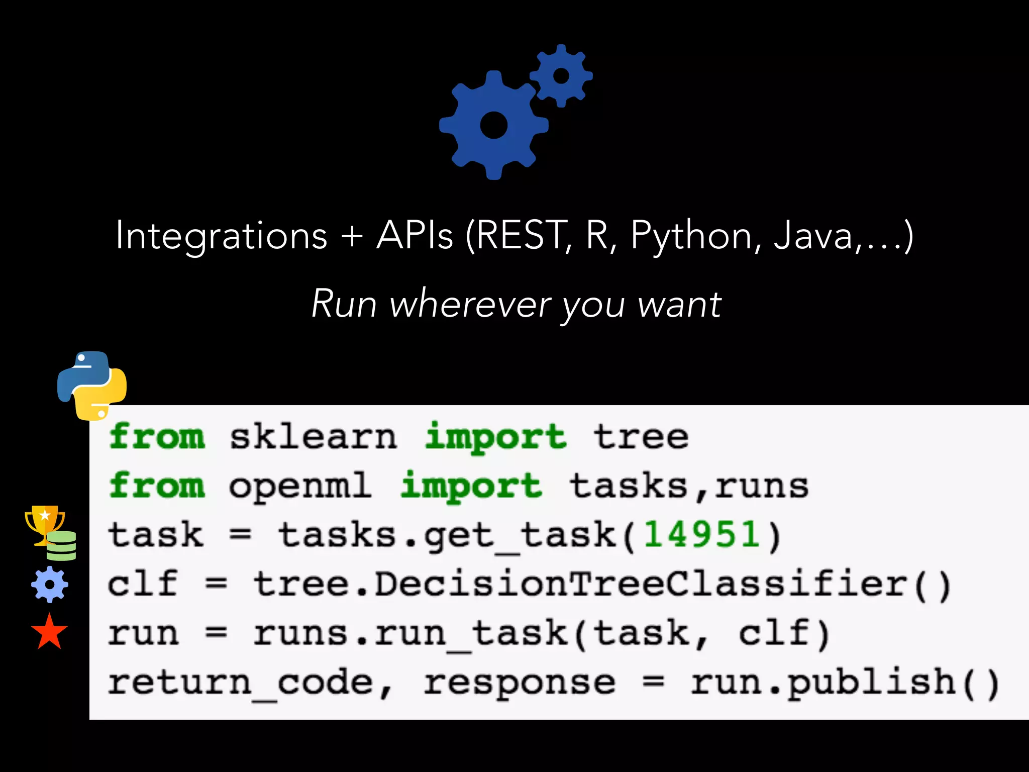 Integrations + APIs (REST, R, Python, Java,…)
Run wherever you want
 