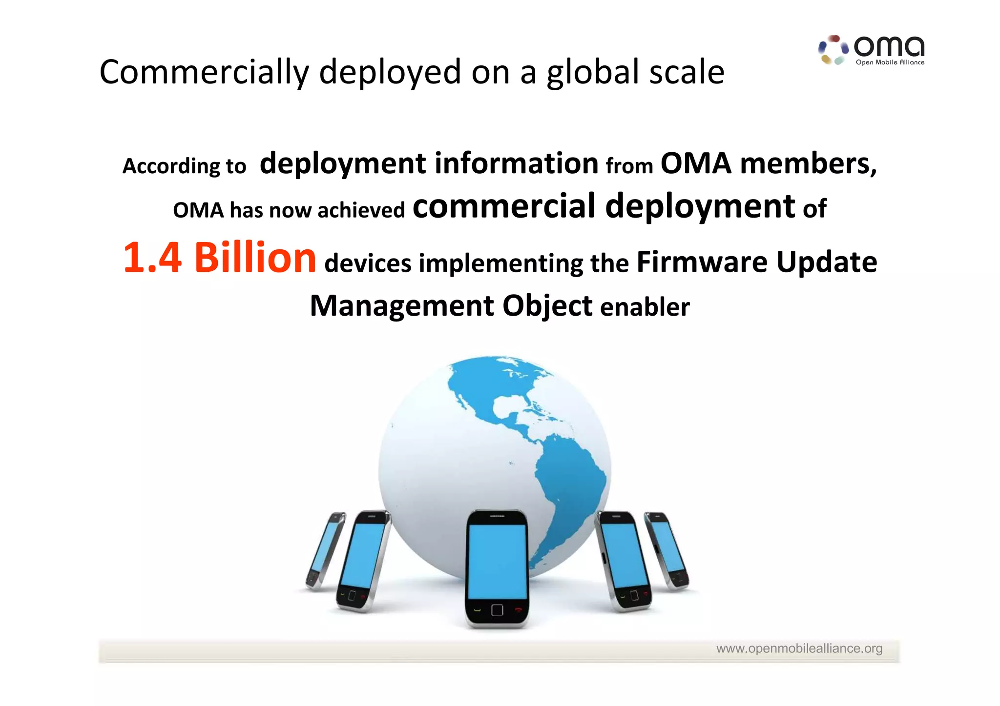 Commercially deployed on a global scale

 According to   deployment information from OMA members,
     OMA has now achieved commercial   deployment of
 1.4 Billion devices implementing the Firmware Update
                   Management Object enabler




                                               www.openmobilealliance.org
 
