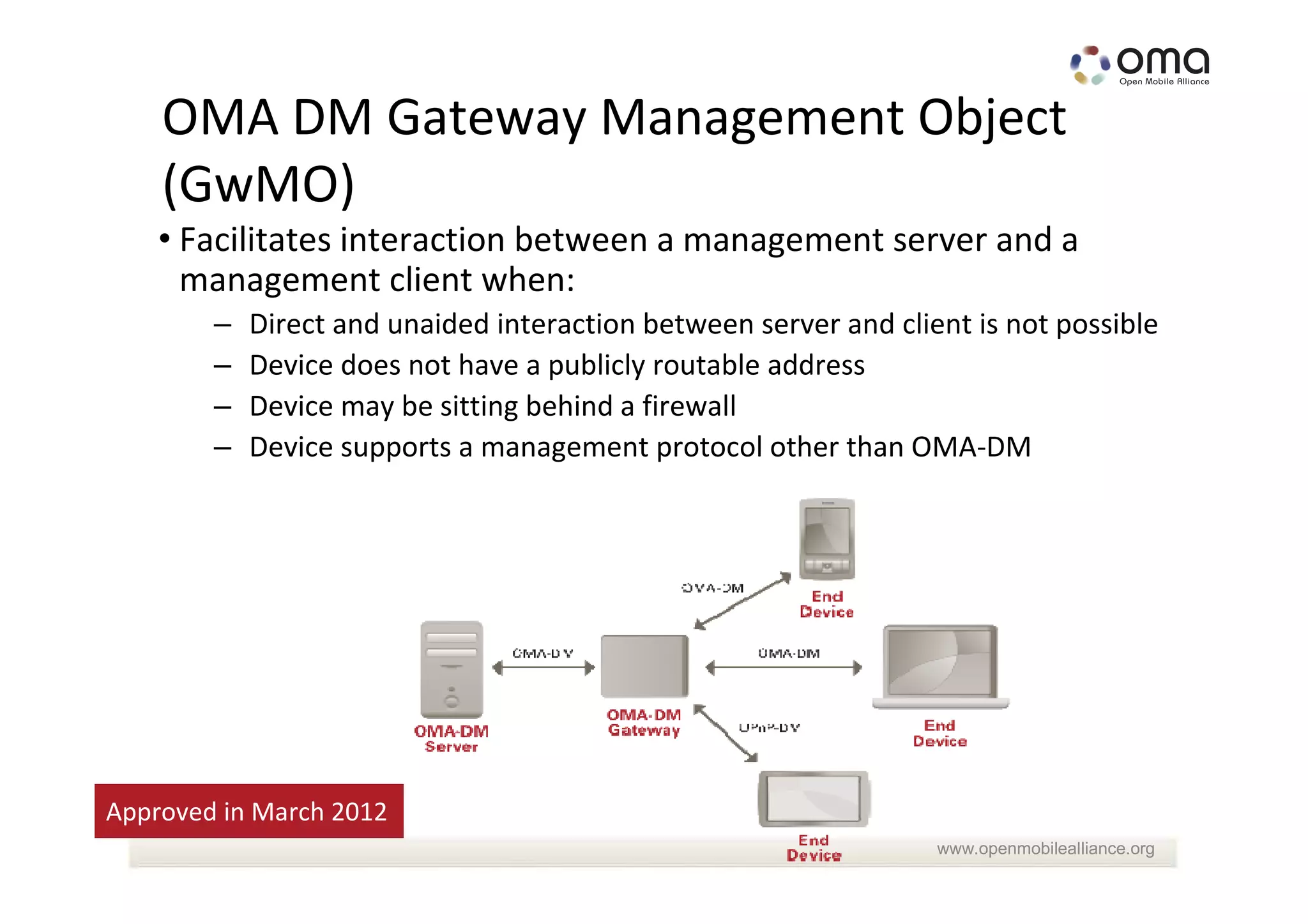 OMA DM Gateway Management Object
    (GwMO)
    • Facilitates interaction between a management server and a
      management client when:
        –   Direct and unaided interaction between server and client is not possible
        –   Device does not have a publicly routable address
        –   Device may be sitting behind a firewall
        –   Device supports a management protocol other than OMA-DM




Approved in March 2012
                                                                  www.openmobilealliance.org
 