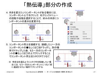 「熱伝導」部分の作成
27
４．向きを変えたいコンポーネントがある場合には，
コンポーネント上で右クリック，右クリックメニュー
の回転や反転を選択することで，好みの向きにコ
ンポーネントの表示を変更する．
５．コンポーネント同士を接続する．接続したい一方の
コンポーネントの■もしくは□をドラッグし，別の場
所でドロップした後，もう一方のコンポーネ
ントの■もしくは□の上でクリックすること
でコンポーネント同士をコネクタでつなぐ．
※ 特定点を通るようにコネクタを配線したい場
合には，もう一方のコンポーネントにつなぐ前
に通過させたい場所でクリックする．
2016/2/20 OpenModelicaミニ講習会 － オープンCAE勉強会＠関東（流体など）
 