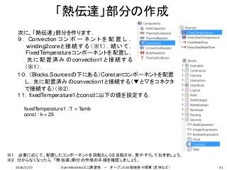 「熱伝達」部分の作成
31
次に、「熱伝達」部分を作ります．
９ ． Convection コ ン ポ ー ネ ン ト を 配 置 し ，
winding2coreと接続する（※1）．続いて，
FixedTemperatureコンポーネントを配置し，
先 に 配置済 み の convection1 と 接 続する
（※1）．
※1 必要に応じて、配置したコンポーネントを回転もしくは反転させ、見やすくしておきましょう。
※2 分からなくなったら，「熱伝導」部分の作成の手順を確認しましょう。
１０．（Blocks.Sourcesの下にある）Constantコンポーネントを配置
し，先に配置済みのconvection1と接続する（▼と▽をコネクタ
で接続する）（※2）．
１１．fixedTemperature1とconstに以下の値を設定する．
fixedTemperature1 : T = Tamb
const : k = 25
2016/2/20 OpenModelicaミニ講習会 － オープンCAE勉強会＠関東（流体など）
 