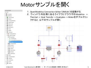 Motorサンプルを開く
１．OpenModelica Connection Editor（OMEdit）を起動する．
２．ウィンドウ内左側にあるライブラリブラウザのModelica ->
Thermal -> Heat Transfer -> Examples -> Motorをダブルクリッ
クすると，以下のサンプルが開く．
62016/2/20 OpenModelicaミニ講習会 － オープンCAE勉強会＠関東（流体など）
 
