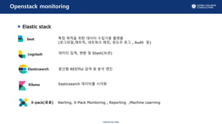 - Internal Use Only -
Openstack monitoring
Kibana
Elasticsearch
beat
Logstash
??? RESTful ?? ? ?? ??
Easticsearch ???? ???
??? ??, ?? ? Stash(??)
?? ??? ?? ??? ???? ???
(????,???, ???? ??, ??? ?? , Audit ?)
Alerting, X-Pack Monitoring , Reporting ,Machine LearningX-pack(??)
Elastic stack
 