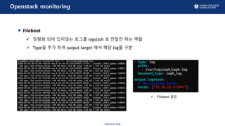 - Internal Use Only -
Openstack monitoring
Filebeat
? ??? ?? ???? ??? logstash ? ??? ?? ??
? Type? ?? ?? output target ?? ?? log? ??
? Filebeat ??
 