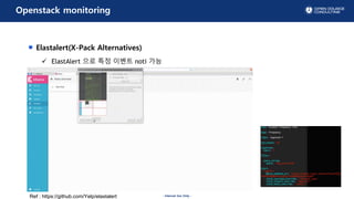 - Internal Use Only -
Openstack monitoring
Elastalert(X-Pack Alternatives)
? ElastAlert ?? ?? ??? noti ??
Ref : https://github.com/Yelp/elastalert
 