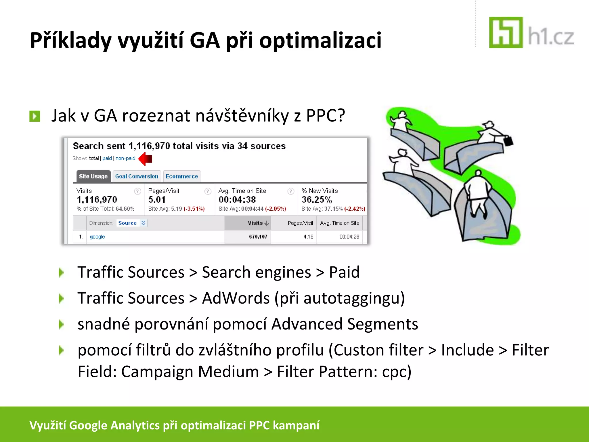 Využití Google Analytics při optimalizaci PPC kampaníRozdíly mezi měřením v PPC a GAPlatnost  cookie AdWords a Skliku je 30 dní (AdWords dopisují konverze k datům kliku zpětně)Platnost _utmzcookie GA je 6 měsíců – zvýšené riziko smazání cookies apod.Pomocí GA sledujte především trendy, nikoliv absolutní čísla!