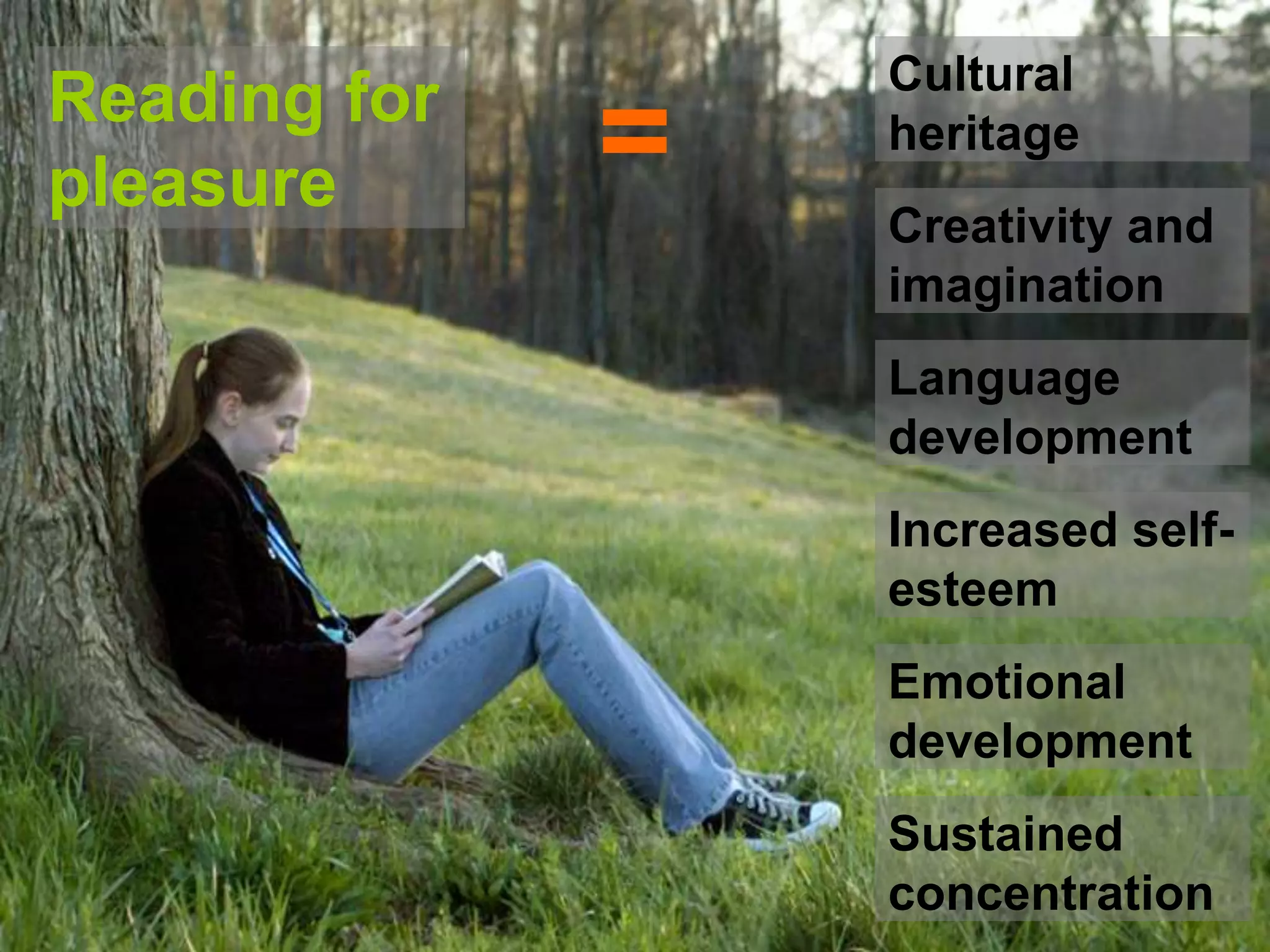CulturalheritageReading for pleasure=Creativity and imaginationLanguage developmentIncreased self-esteemEmotional developmentSustained concentration