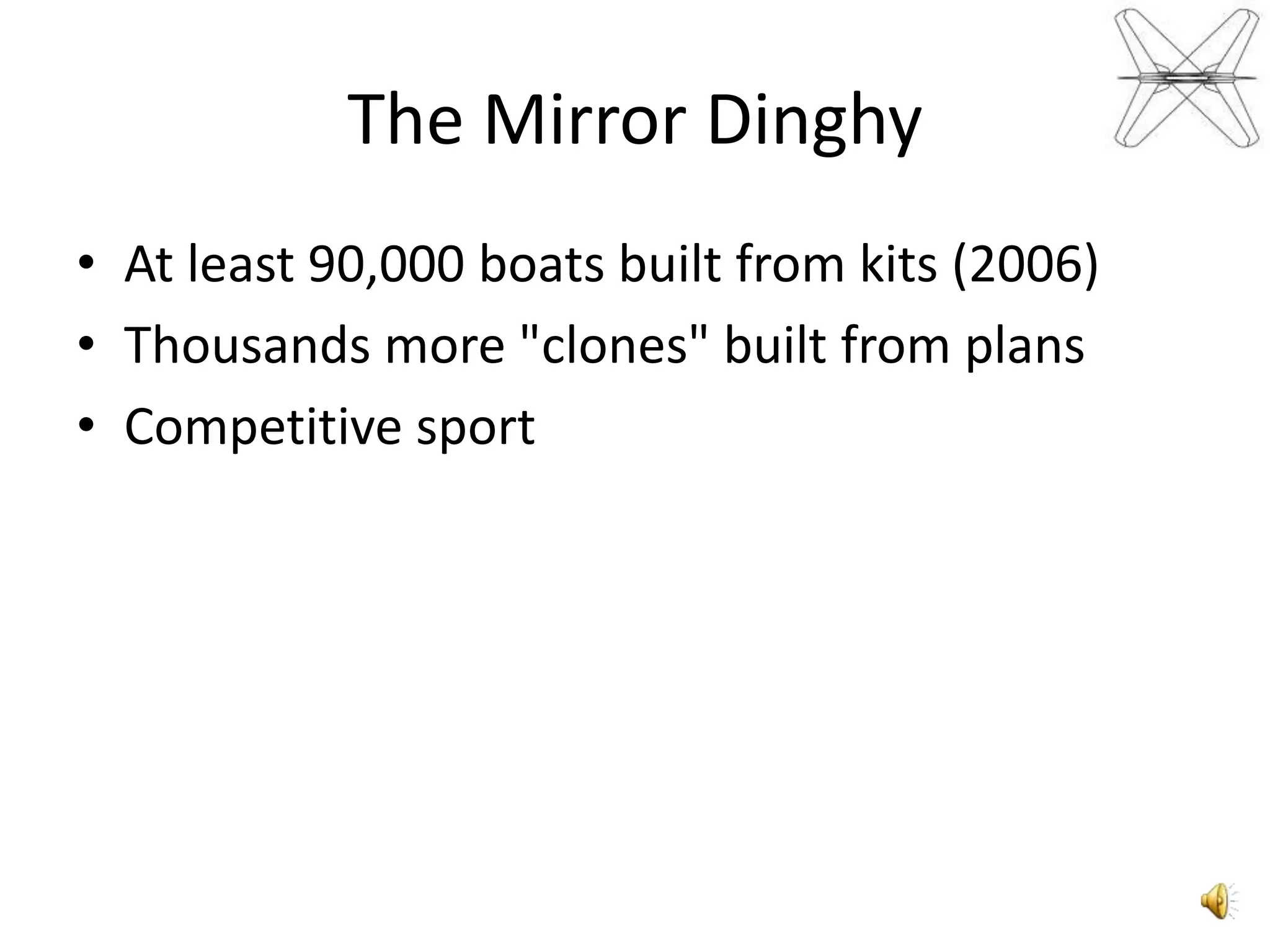 TheMirrorDinghyAt least 90,000 boats built from kits (2006)Thousands more "clones" built from plansCompetitive sport