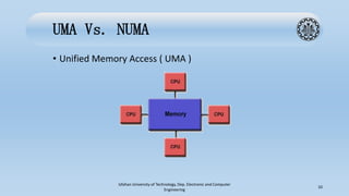 UMA Vs. NUMA
• Unified Memory Access ( UMA )
Isfahan University of Technology, Dep. Electronic and Computer
Engineering
10
 