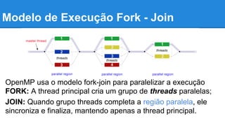 Modelo de Execução Fork - Join 
OpenMP usa o modelo fork-join para paralelizar a execução 
FORK: A thread principal cria um grupo de threads paralelas; 
JOIN: Quando grupo threads completa a região paralela, ele 
sincroniza e finaliza, mantendo apenas a thread principal. 
 
