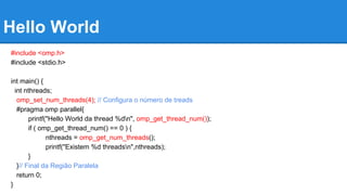 Hello World 
#include <omp.h> 
#include <stdio.h> 
int main() { 
int nthreads; 
omp_set_num_threads(4); // Configura o número de treads 
#pragma omp parallel{ 
printf("Hello World da thread %dn", omp_get_thread_num()); 
if ( omp_get_thread_num() == 0 ) { 
nthreads = omp_get_num_threads(); 
printf("Existem %d threadsn",nthreads); 
} 
}// Final da Região Paralela 
return 0; 
} 
 