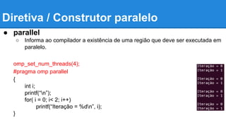 Diretiva / Construtor paralelo 
● parallel 
○ Informa ao compilador a existência de uma região que deve ser executada em 
paralelo. 
omp_set_num_threads(4); 
#pragma omp parallel 
{ 
int i; 
printf(“n”); 
for( i = 0; i< 2; i++) 
printf(“Iteração = %dn”, i); 
} 
 