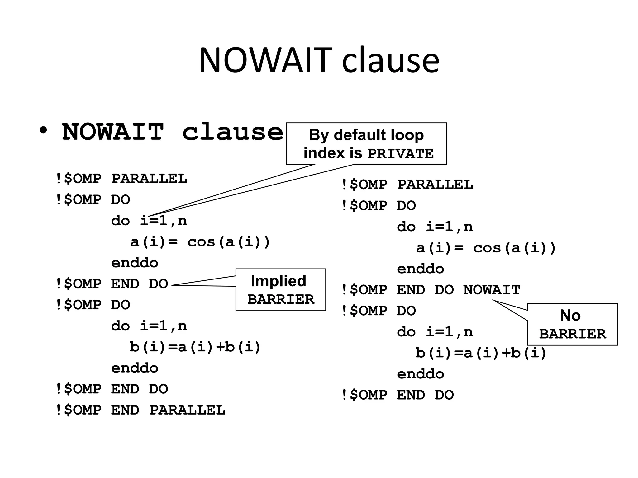 NOWAIT clause
• NOWAIT clause
!$OMP PARALLEL
!$OMP DO
do i=1,n
a(i)= cos(a(i))
enddo
!$OMP END DO
!$OMP DO
do i=1,n
b(i)=a(i)+b(i)
enddo
!$OMP END DO
!$OMP END PARALLEL
!$OMP PARALLEL
!$OMP DO
do i=1,n
a(i)= cos(a(i))
enddo
!$OMP END DO NOWAIT
!$OMP DO
do i=1,n
b(i)=a(i)+b(i)
enddo
!$OMP END DO
Implied
BARRIER
No
BARRIER
By default loop
index is PRIVATE
 