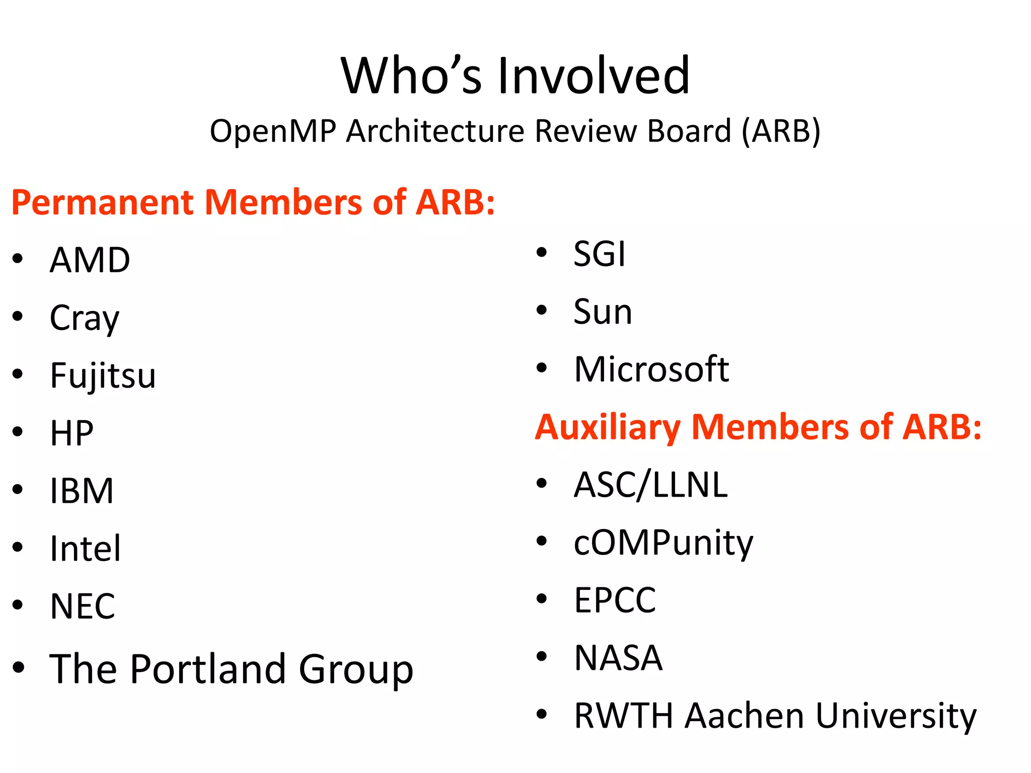 Who’s Involved
OpenMP Architecture Review Board (ARB)
Permanent Members of ARB:
• AMD
• Cray
• Fujitsu
• HP
• IBM
• Intel
• NEC
• The Portland Group
• SGI
• Sun
• Microsoft
Auxiliary Members of ARB:
• ASC/LLNL
• cOMPunity
• EPCC
• NASA
• RWTH Aachen University
 