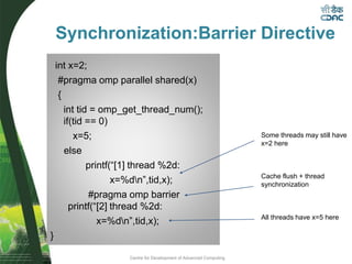Centre for Development of Advanced Computing
int x=2;
#pragma omp parallel shared(x)
{
int tid = omp_get_thread_num();
if(tid == 0)
x=5;
else
printf(“[1] thread %2d:
x=%dn”,tid,x);
#pragma omp barrier
printf(“[2] thread %2d:
x=%dn”,tid,x);
}
Synchronization:Barrier Directive
Some threads may still have
x=2 here
Cache flush + thread
synchronization
All threads have x=5 here
 