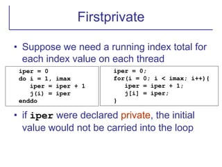 Firstprivate
• Suppose we need a running index total for
each index value on each thread
• if iper were declared private, the initial
value would not be carried into the loop
iper = 0
do i = 1, imax
iper = iper + 1
j(i) = iper
enddo
iper = 0;
for(i = 0; i < imax; i++){
iper = iper + 1;
j[i] = iper;
}
 
