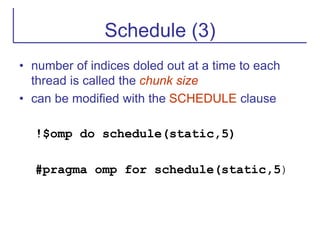 Schedule (3)
• number of indices doled out at a time to each
thread is called the chunk size
• can be modified with the SCHEDULE clause
!$omp do schedule(static,5)
#pragma omp for schedule(static,5)
 