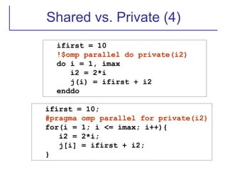 Shared vs. Private (4)
ifirst = 10
!$omp parallel do private(i2)
do i = 1, imax
i2 = 2*i
j(i) = ifirst + i2
enddo
ifirst = 10;
#pragma omp parallel for private(i2)
for(i = 1; i <= imax; i++){
i2 = 2*i;
j[i] = ifirst + i2;
}
 