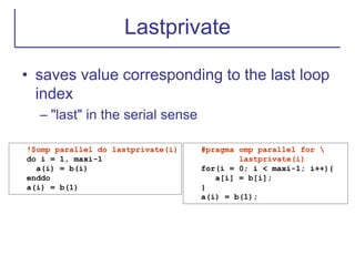 Lastprivate
• saves value corresponding to the last loop
index
– "last" in the serial sense
!$omp parallel do lastprivate(i)
do i = 1, maxi-1
a(i) = b(i)
enddo
a(i) = b(1)
#pragma omp parallel for 
lastprivate(i)
for(i = 0; i < maxi-1; i++){
a[i] = b[i];
}
a(i) = b(1);
 