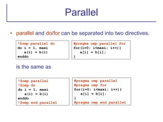 Parallel
• parallel and do/for can be separated into two directives.
is the same as
!$omp parallel do
do i = 1, maxi
a(i) = b(i)
enddo
#pragma omp parallel for
for(i=0; i<maxi; i++){
a[i] = b[i];
}
!$omp parallel
!$omp do
do i = 1, maxi
a(i) = b(i)
enddo
!$omp end parallel
#pragma omp parallel
#pragma omp for
for(i=0; i<maxi; i++){
a[i] = b[i];
}
#pragma omp end parallel
 