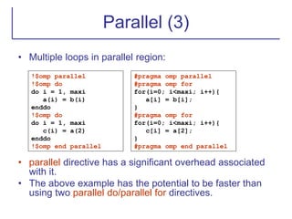 Parallel (3)
• Multiple loops in parallel region:
• parallel directive has a significant overhead associated
with it.
• The above example has the potential to be faster than
using two parallel do/parallel for directives.
!$omp parallel
!$omp do
do i = 1, maxi
a(i) = b(i)
enddo
!$omp do
do i = 1, maxi
c(i) = a(2)
enddo
!$omp end parallel
#pragma omp parallel
#pragma omp for
for(i=0; i<maxi; i++){
a[i] = b[i];
}
#pragma omp for
for(i=0; i<maxi; i++){
c[i] = a[2];
}
#pragma omp end parallel
 