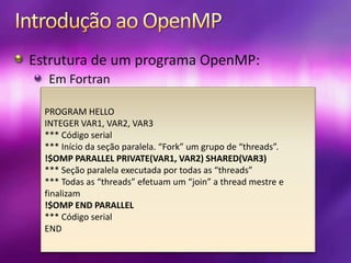 Introdução ao OpenMPEstrutura de um programa OpenMP:Em FortranPROGRAM HELLOINTEGER VAR1, VAR2, VAR3*** Código serial*** Início da seção paralela. “Fork” um grupo de “threads”.!$OMP PARALLEL PRIVATE(VAR1, VAR2) SHARED(VAR3)*** Seção paralela executada por todas as “threads”*** Todas as “threads” efetuam um “join” a thread mestre e finalizam!$OMP END PARALLEL*** Código serialEND