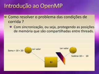 Introdução ao OpenMPComo resolver o problema das condições de corrida ?Com sincronização, ou seja, protegendo as posições de memória que são compartilhadas entre threads. Ler valorLer valorSoma + 10 = 20Subtrai-10 = 101020