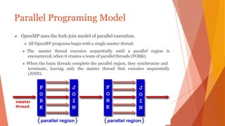 Parallel Programing Model
▶ OpenMP uses the fork-join model of parallel execution.
▶ All OpenMP programs begin with a single master thread.
▶ The master thread executes sequentially until a parallel region is
encountered, when it creates a team of parallel threads (FORK).
▶ When the team threads complete the parallel region, they synchronize and
terminate, leaving only the master thread that executes sequentially
(JOIN).
 