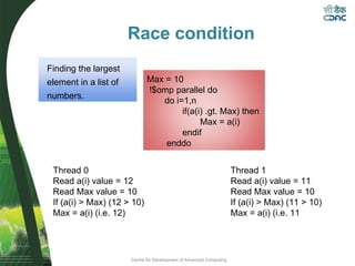 Centre for Development of Advanced Computing
Race condition
Finding the largest
element in a list of
numbers.
Max = 10
!$omp parallel do
do i=1,n
if(a(i) .gt. Max) then
Max = a(i)
endif
enddo
Thread 0
Read a(i) value = 12
Read Max value = 10
If (a(i) > Max) (12 > 10)
Max = a(i) (i.e. 12)
Thread 1
Read a(i) value = 11
Read Max value = 10
If (a(i) > Max) (11 > 10)
Max = a(i) (i.e. 11
 