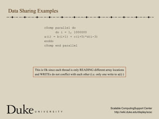 Data Sharing Examplesc$omp parallel do      do i = 1, 1000000a(i) = b(i+1) + c(i+5)*d(i-3)enddoc$omp end parallelThis is Ok since each thread is only READING different array locationsand WRITEs do not conflict with each other (i.e. only one write to a(i) )