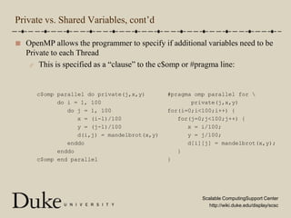 Private vs. Shared Variables, cont’dOpenMP allows the programmer to specify if additional variables need to be Private to each ThreadThis is specified as a “clause” to the c$omp or #pragma line:c$omp parallel do private(j,x,y)      do i = 1, 100         do j = 1, 100            x = (i-1)/100            y = (j-1)/100            d(i,j) = mandelbrot(x,y)         enddo      enddoc$omp end parallel#pragma omp parallel for \       private(j,x,y)for(i=0;i<100;i++) {   for(j=0;j<100;j++) {      x = i/100;      y = j/100;      d[i][j] = mandelbrot(x,y);   }}