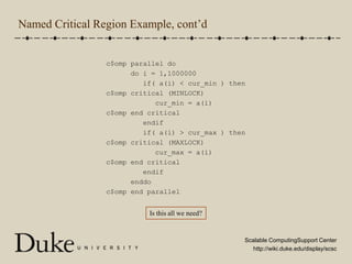 Named Critical Region Example, cont’dc$omp parallel do      do i = 1,1000000         if( a(i) < cur_min ) thenc$omp critical (MINLOCK)            cur_min = a(i)c$omp end critical         endif         if( a(i) > cur_max ) thenc$omp critical (MAXLOCK)            cur_max = a(i)c$omp end critical         endif      enddoc$omp end parallelIs this all we need?