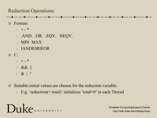 Reduction OperationsFortran:+ - *.AND.  .OR.  .EQV.  .NEQV.MIN  MAXIANDIORIEORC:+ - *&&  ||&  |  ^Suitable initial values are chosen for the reduction variableE.g. ‘reduction(+:total)’ initializes ‘total=0’ in each Thread