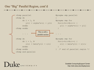One “Big” Parallel Region, cont’dc$omp parallel c$omp do      do i = 1, N         y(i) = alpha*x(i) + y(i)      enddoc$omp enddo      . . .c$omp do      do i = 1, N         z(i) = beta*y(i) + z(i)      enddoc$omp enddoc$omp end parallel#pragma omp parallel{#pragma omp for  for(i=0;i<N;i++) {    y[i] = alpha*x[i] + y[i]  }. . .#pragma omp for  for(i=0;i<N;i++) {    z[i] = beta*y[i] + z[i];  }}  /* end of parallel region */This is still a parallel section