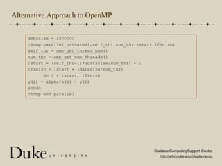 Alternative Approach to OpenMPdatasize = 1000000c$omp parallel private(i,self_thr,num_thr,istart,ifinish)self_thr = omp_get_thread_num()num_thr = omp_get_num_threads()istart = (self_thr-1)*(datasize/num_thr) + 1ifinish = istart + (datasize/num_thr)      do i = istart, ifinishy(i) = alpha*x(i) + y(i)enddoc$omp end parallel