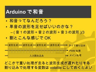 Arduino で和音 和音ってなんだろう？ 単音の波形を足せばいいのかな？ ( 音 1 の波形 + 音 2 の波形 + 音 3 の波形 )/3 割とこんな感じで OK 波形生成 入力読み込み タイマ割り込み メイン処理 PWM 処理 波形生成 波形生成 波形生成 どこかで重い処理が走ると波形生成が遅れたりする 割り込みで処理する変数は volatile にしておくとよい 