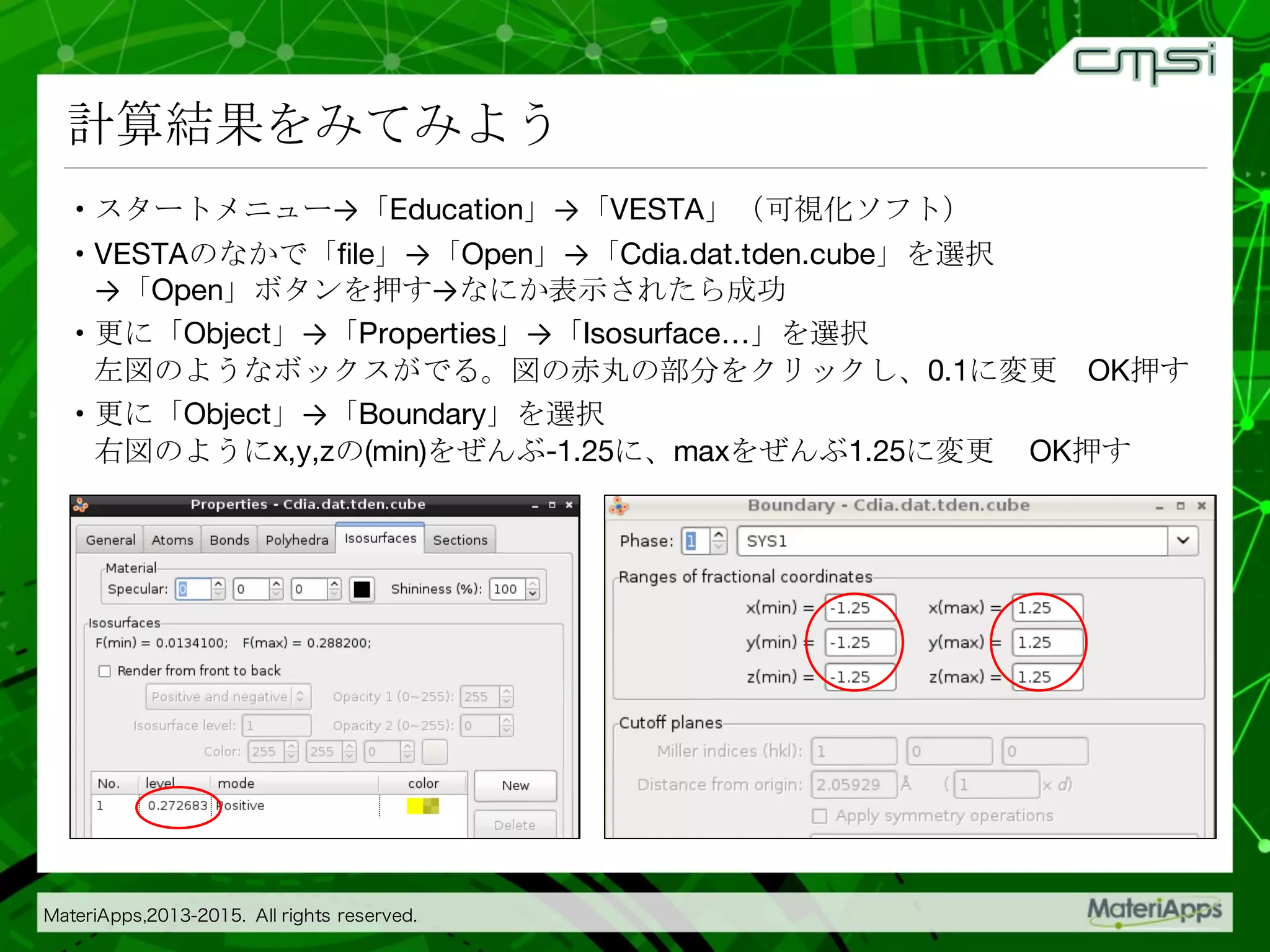 計算結果をみてみよう
• スタートメニュー→「Education」→「VESTA」（可視化ソフト）
• VESTAのなかで「file」→「Open」→「Cdia.dat.tden.cube」を選択
→「Open」ボタンを押す→なにか表示されたら成功
• 更に「Object」→「Properties」→「Isosurface…」を選択
左図のようなボックスがでる。図の赤丸の部分をクリックし、0.1に変更 OK押す
• 更に「Object」→「Boundary」を選択
右図のようにx,y,zの(min)をぜんぶ-1.25に、maxをぜんぶ1.25に変更 OK押す
 