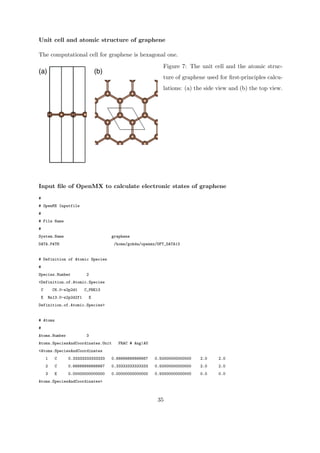 Unit cell and atomic structure of graphene 
The computational cell for graphene is hexagonal one. 
(a) (b) 
Figure 7: The unit cell and the atomic struc-ture 
of graphene used for first-principles calcu-lations: 
(a) the side view and (b) the top view. 
Input file of OpenMX to calculate electronic states of graphene 
# 
# OpenMX Inputfile 
# 
# File Name 
# 
System.Name graphene 
DATA.PATH /home/gohda/openmx/DFT_DATA13 
# Definition of Atomic Species 
# 
Species.Number 2 
<Definition.of.Atomic.Species 
C C6.0-s2p2d1 C_PBE13 
E Rn13.0-s2p2d2f1 E 
Definition.of.Atomic.Species> 
# Atoms 
# 
Atoms.Number 3 
Atoms.SpeciesAndCoordinates.Unit FRAC # Ang|AU 
<Atoms.SpeciesAndCoordinates 
1 C 0.33333333333333 0.66666666666667 0.50000000000000 2.0 2.0 
2 C 0.66666666666667 0.33333333333333 0.50000000000000 2.0 2.0 
3 E 0.00000000000000 0.00000000000000 0.50000000000000 0.0 0.0 
Atoms.SpeciesAndCoordinates> 
35 
 