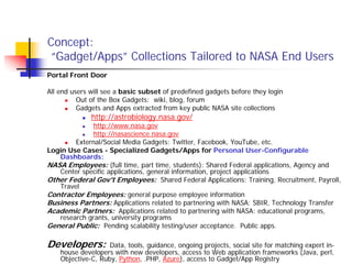 Concept:
 “Gadget/Apps” Collections Tailored to NASA End Users
Portal Front Door

All end users will see a basic subset of predefined gadgets before they login
          Out of the Box Gadgets: wiki, blog, forum
          Gadgets and Apps extracted from key public NASA site collections
              http://astrobiology.nasa.gov/
              http://www.nasa.gov
              http://nasascience.nasa.gov
        External/Social Media Gadgets: Twitter, Facebook, YouTube, etc.
Login Use Cases - Specialized Gadgets/Apps for Personal User-Configurable
   Dashboards:
NASA Employees: (full time, part time, students): Shared Federal applications, Agency and
   Center specific applications, general information, project applications
Other Federal Gov't Employees: Shared Federal Applications: Training, Recruitment, Payroll,
   Travel
Contractor Employees: general purpose employee information
Business Partners: Applications related to partnering with NASA: SBIR, Technology Transfer
Academic Partners: Applications related to partnering with NASA: educational programs,
   research grants, university programs
General Public: Pending scalability testing/user acceptance. Public apps.

Developers:         Data, tools, guidance, ongoing projects, social site for matching expert in-
    house developers with new developers, access to Web application frameworks (Java, perl,
    Objective-C, Ruby, Python, .PHP, Azure), access to Gadget/App Registry
 